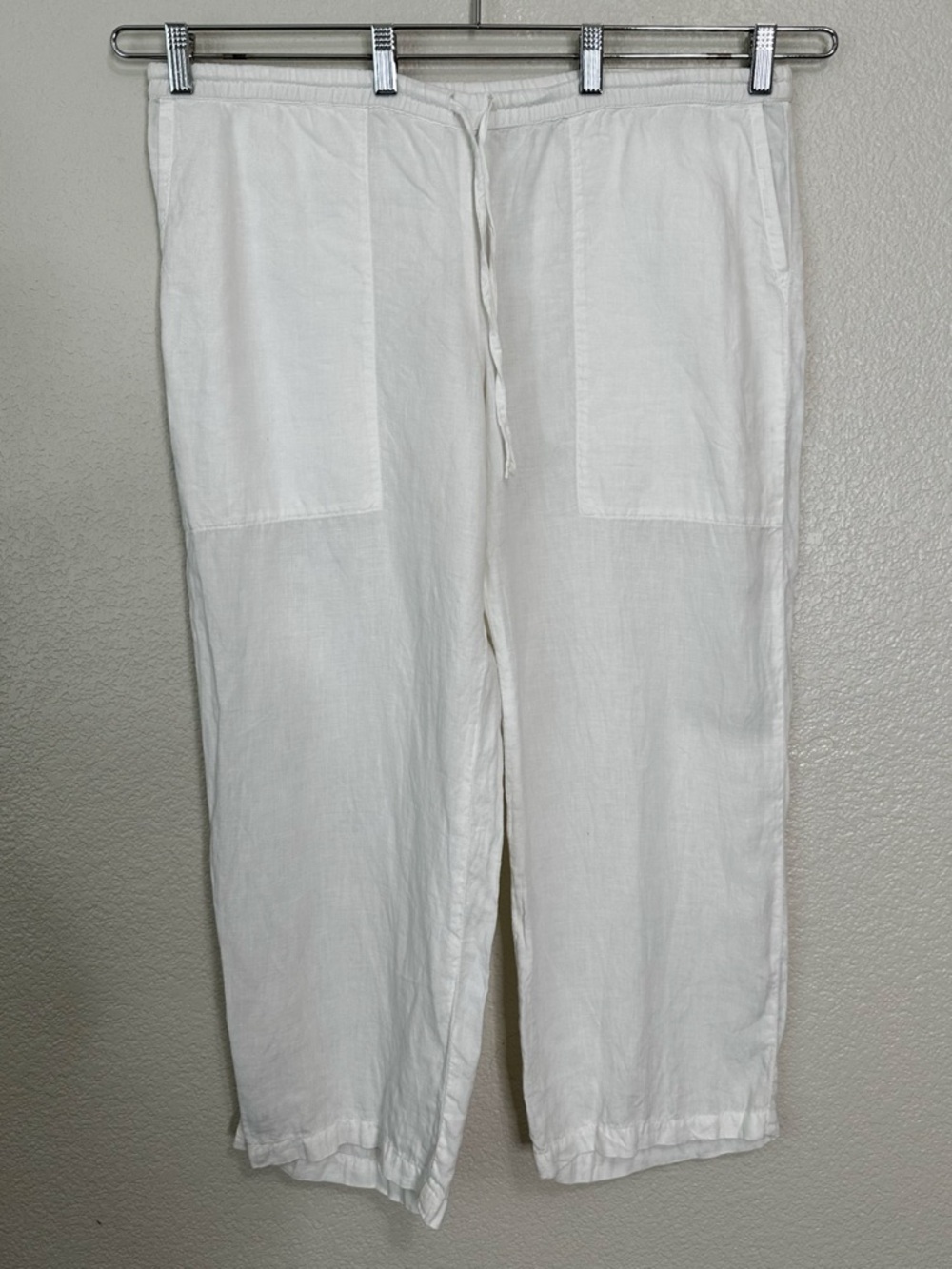 120% Lino Women's White Linen Drawstring Casual Pull On Pants, Size 48 (XL)